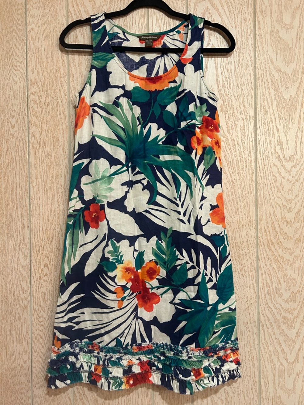 Tommy Bahama Navy, White & Green Tropical Midi Dress with Orange Floral Accents